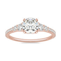1.42 CTW DEW Cushion Forever One Moissanite Signature Graduated Side Stone Engagement Ring 14K Rose Gold