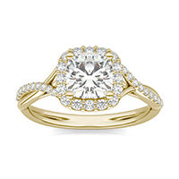 1.37 CTW DEW Cushion Forever One Moissanite Signature Twist Halo Engagement Ring 14K Yellow Gold