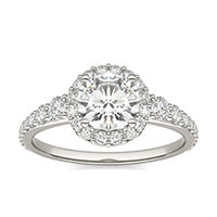 1.69 CTW DEW Round Forever One Moissanite Signature Graduated Side Stone Halo Engagement Ring 14K White Gold