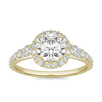 1.69 CTW DEW Round Forever One Moissanite Signature Graduated Side Stone Halo Engagement Ring 14K Yellow Gold