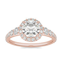1.69 CTW DEW Round Forever One Moissanite Signature Graduated Side Stone Halo Engagement Ring 14K Rose Gold