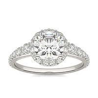 1.96 CTW DEW Round Forever One Moissanite Signature Graduated Side Stone Halo Engagement Ring 14K White Gold