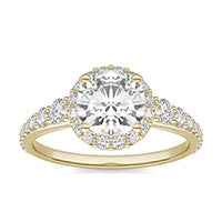 1.96 CTW DEW Round Forever One Moissanite Signature Graduated Side Stone Halo Engagement Ring 14K Yellow Gold