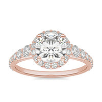 1.96 CTW DEW Round Forever One Moissanite Signature Graduated Side Stone Halo Engagement Ring 14K Rose Gold