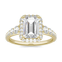 2.52 CTW DEW Emerald Forever One Moissanite Signature Graduated Side Stone Halo Engagement Ring 14K Yellow Gold