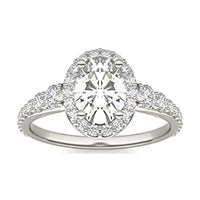 2.23 CTW DEW Oval Forever One Moissanite Signature Graduated Side Stone Halo Engagement Ring 14K White Gold