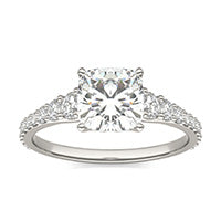 2.10 CTW DEW Cushion Forever One Moissanite Signature Graduated Side Stone Engagement Ring 14K White Gold