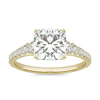 2.80 CTW DEW Cushion Forever One Moissanite Signature Graduated Side Stone Engagement Ring 14K Yellow Gold