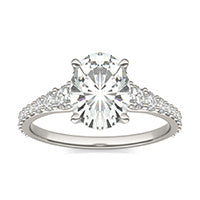 2.63 CTW DEW Oval Forever One Moissanite Signature Graduated Side Stone Engagement Ring 14K White Gold