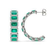 2 1/4 CTW Round Caydia Lab Grown Diamond Halo Hoop Earrings 14K White Gold featuring Created Emerald