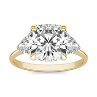 3.90 CTW DEW Cushion Forever One Moissanite Three Stone Ring 14K Yellow Gold