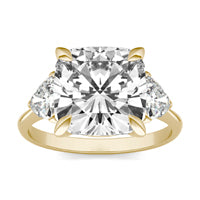 5.82 CTW DEW Cushion Forever One Moissanite Three Stone Ring 14K Yellow Gold