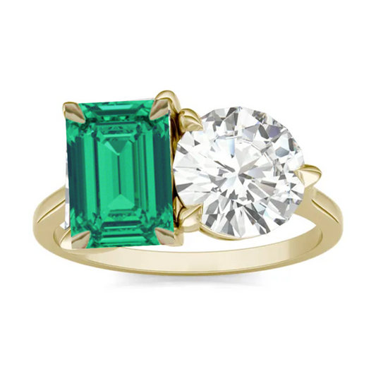 **Special Order - Round Brilliant and Emerald Toi et Moi Engagement Ring in 14K Yellow Gold, Ring Size 5.5