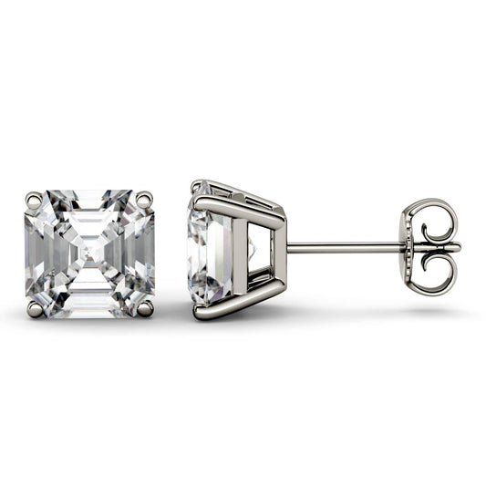 4.42 CTW DEW Asscher Forever One Moissanite Four Prong Stud Earrings in 14K White Gold