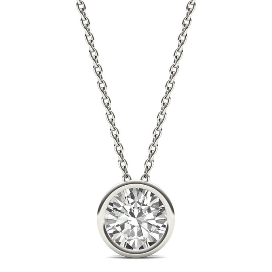 1.00 CTW DEW Round Forever One Moissanite Bezel Set Solitaire Pendant in 14K White Gold