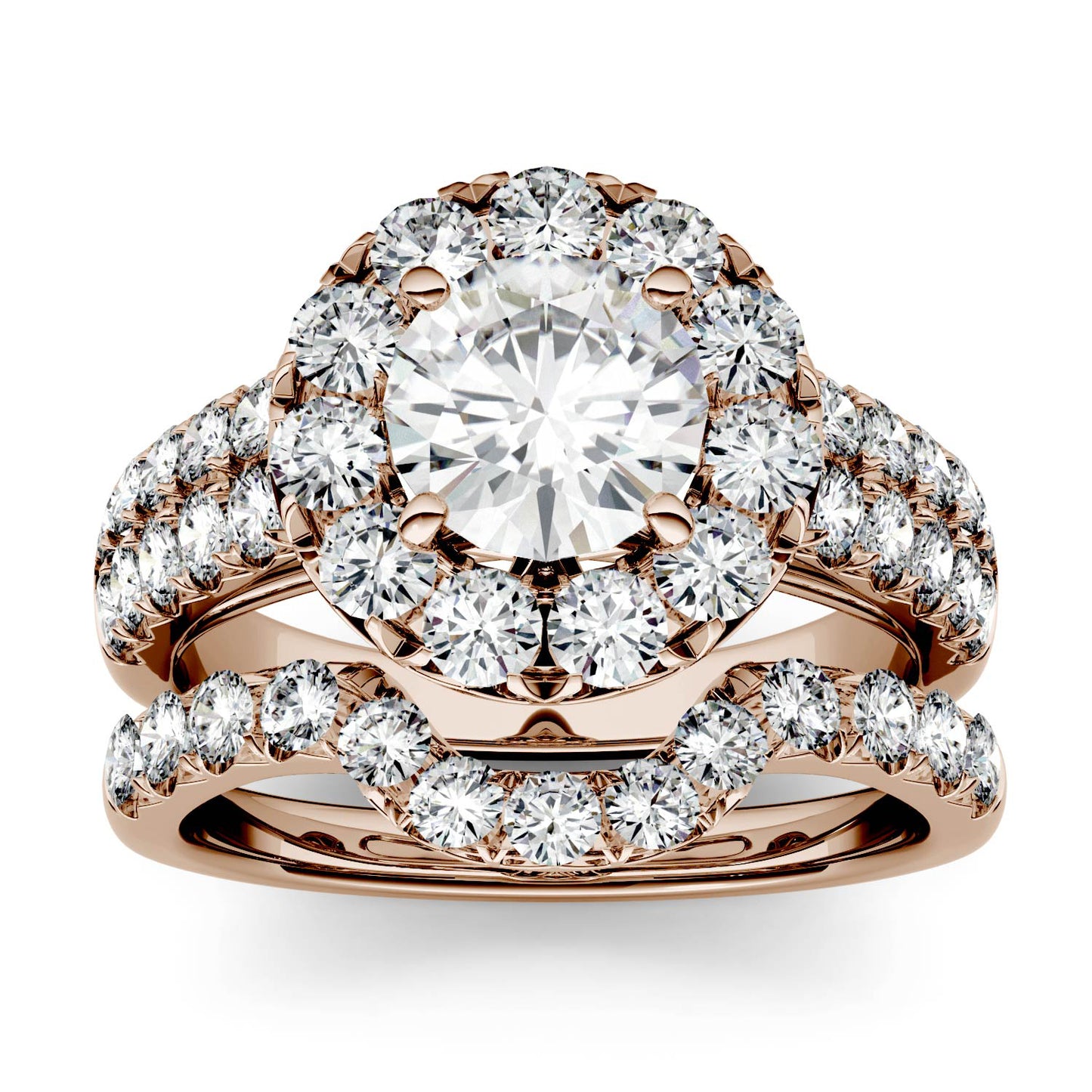 2.14 CTW DEW Round Forever One Moissanite Halo with Side Accents Bridal Ring in 14K Rose Gold