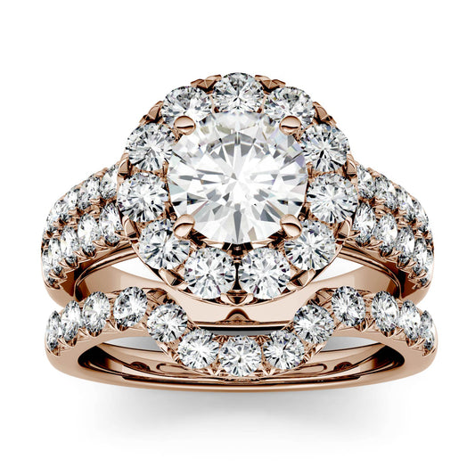 2.14 CTW DEW Round Forever One Moissanite Halo with Side Accents Bridal Ring in 14K Rose Gold