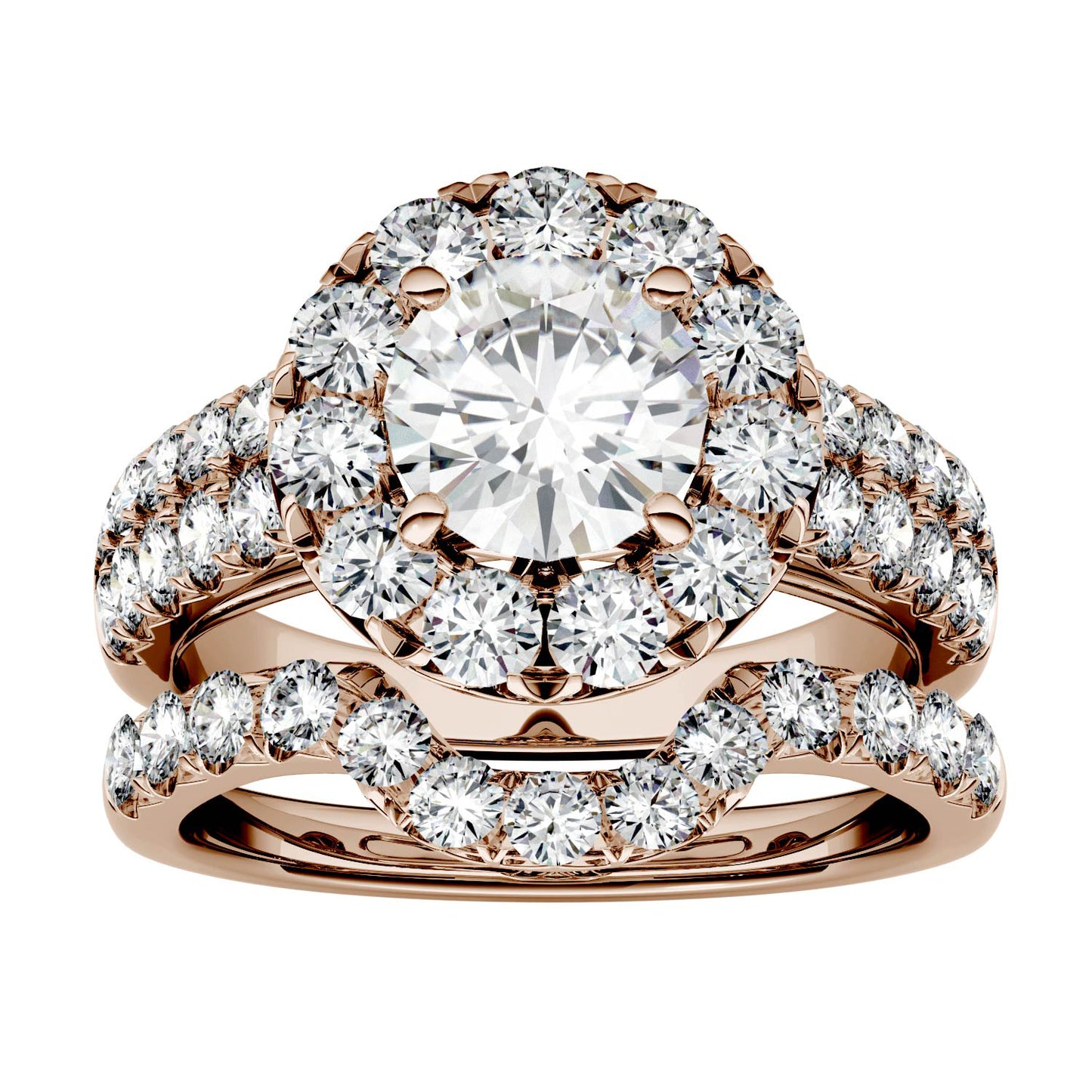 2.14 CTW DEW Round Forever One Moissanite Halo with Side Accents Bridal Ring in 14K Rose Gold