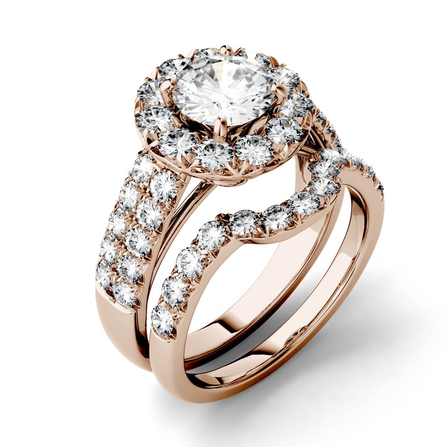 2.14 CTW DEW Round Forever One Moissanite Halo with Side Accents Bridal Ring in 14K Rose Gold