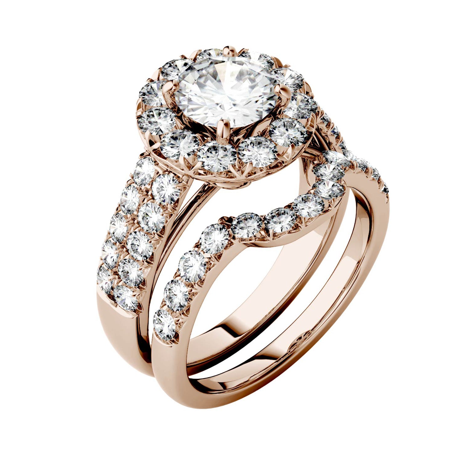 2.14 CTW DEW Round Forever One Moissanite Halo with Side Accents Bridal Ring in 14K Rose Gold