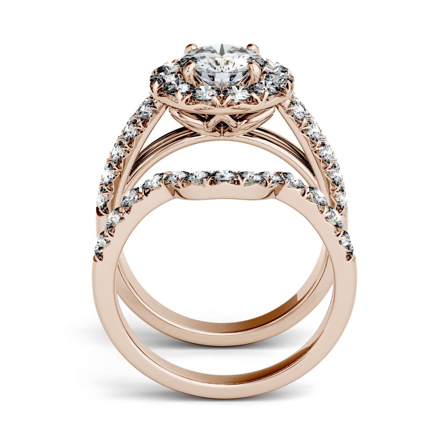 2.14 CTW DEW Round Forever One Moissanite Halo with Side Accents Bridal Ring in 14K Rose Gold