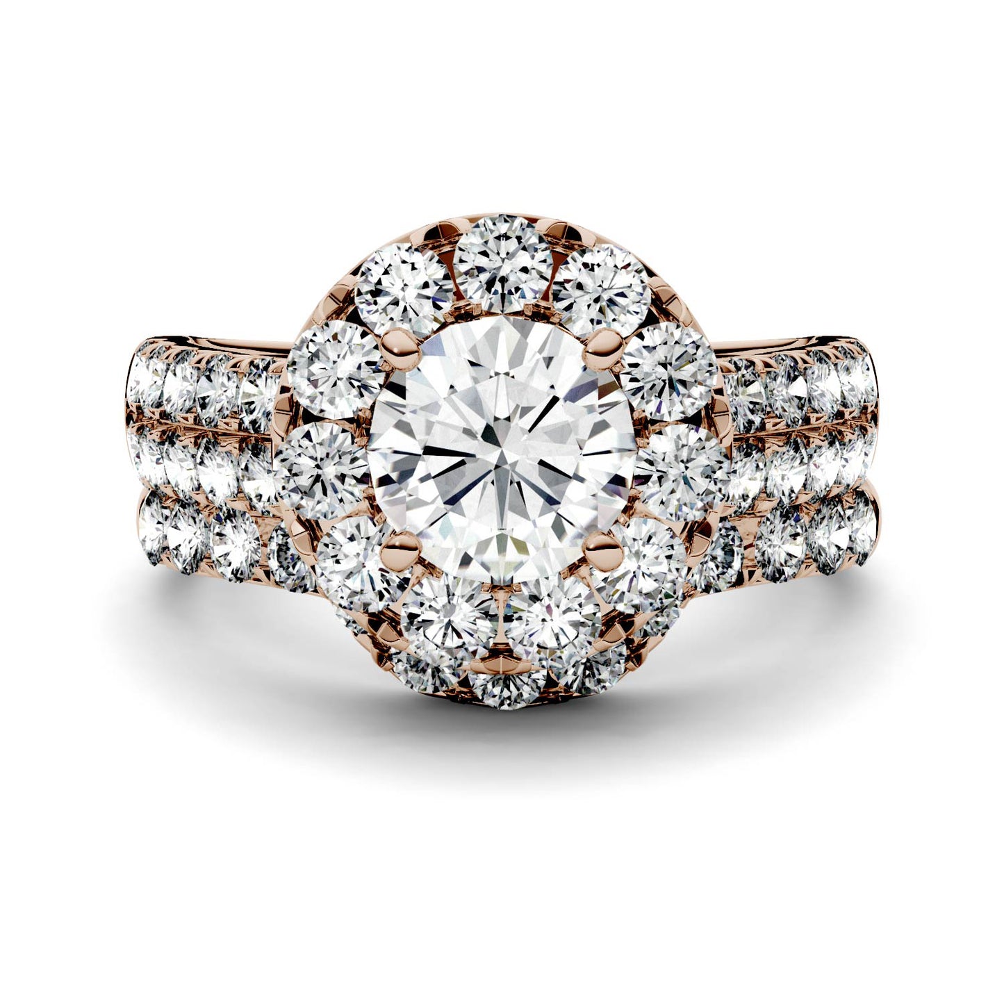 2.14 CTW DEW Round Forever One Moissanite Halo with Side Accents Bridal Ring in 14K Rose Gold