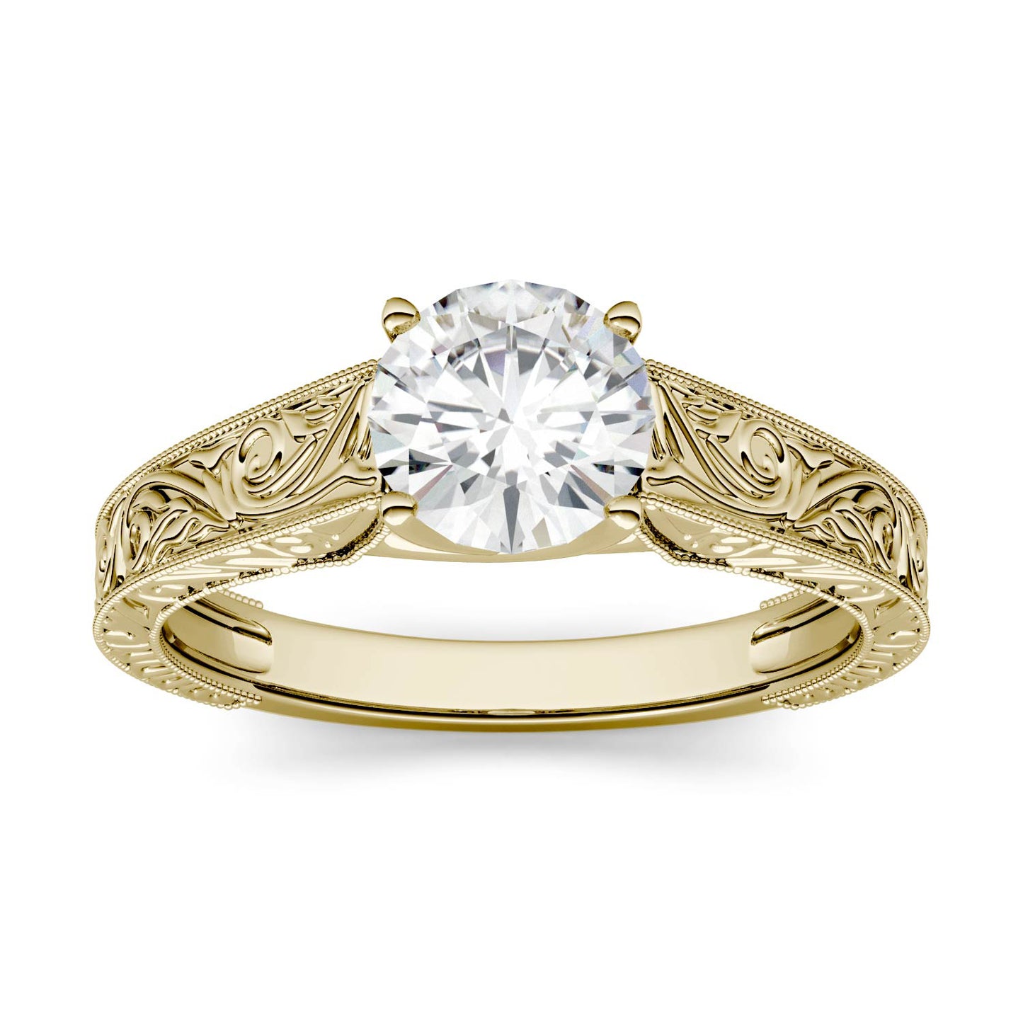 1.00 CTW DEW Round Forever One Moissanite Solitaire with Carved Band Engagement Ring in 14K Yellow Gold