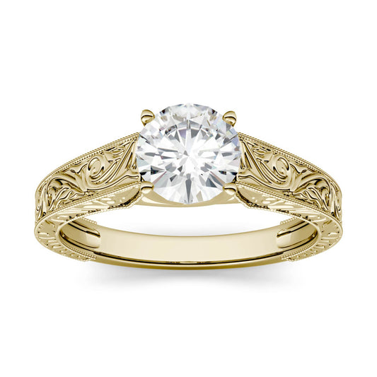 1.00 CTW DEW Round Forever One Moissanite Solitaire with Carved Band Engagement Ring in 14K Yellow Gold