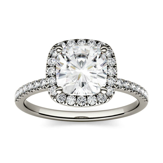 1.60 CTW DEW Cushion Forever One Moissanite Halo with Side Accents Engagement Ring in 14K White Gold