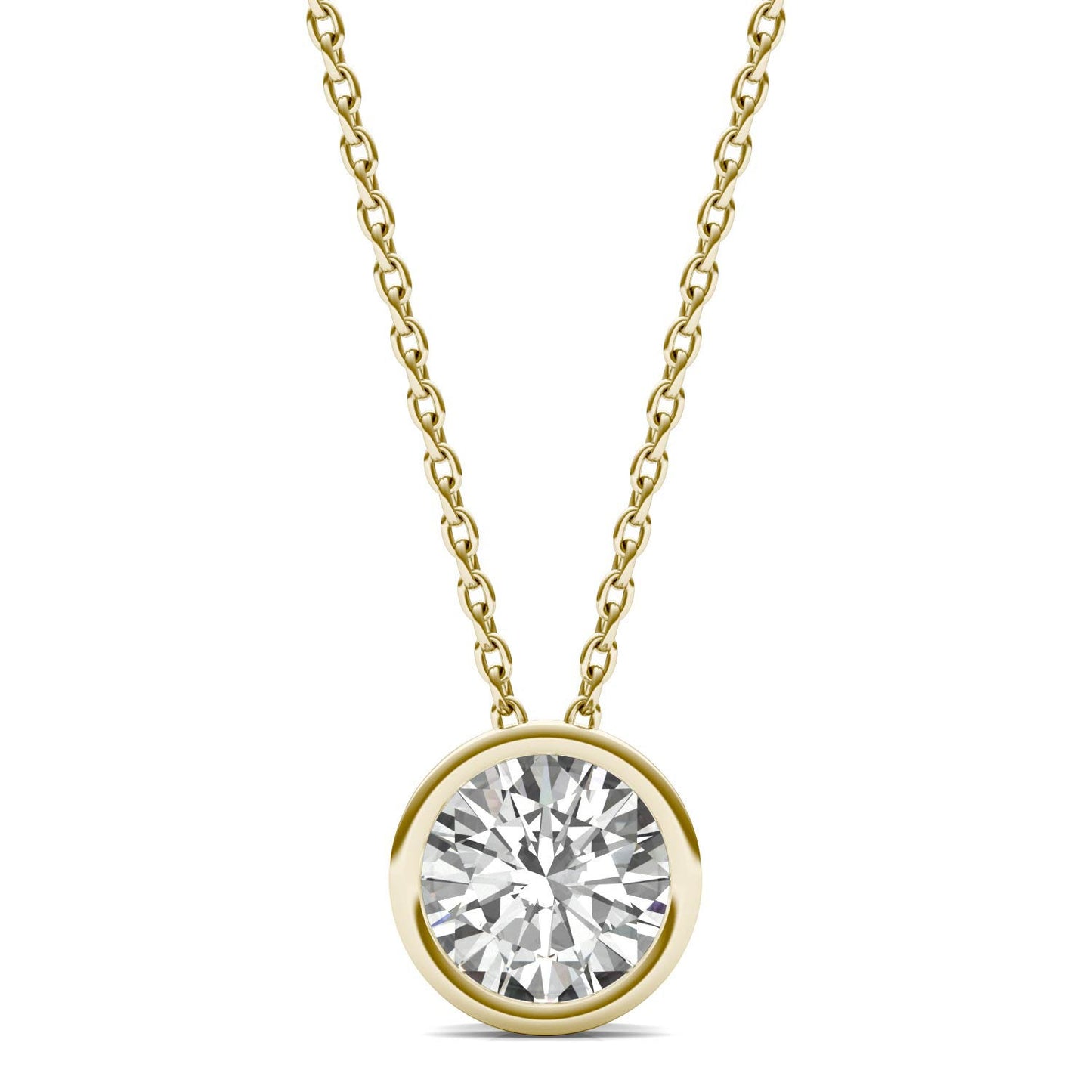 1.00 CTW DEW Round Forever One Moissanite Bezel Set Solitaire Pendant in 14K Yellow Gold