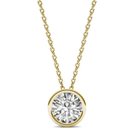1.00 CTW DEW Round Forever One Moissanite Bezel Set Solitaire Pendant in 14K Yellow Gold