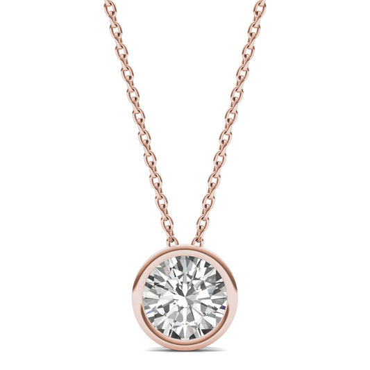 1.00 CTW DEW Round Forever One Moissanite Bezel Set Solitaire Pendant in 14K Rose Gold