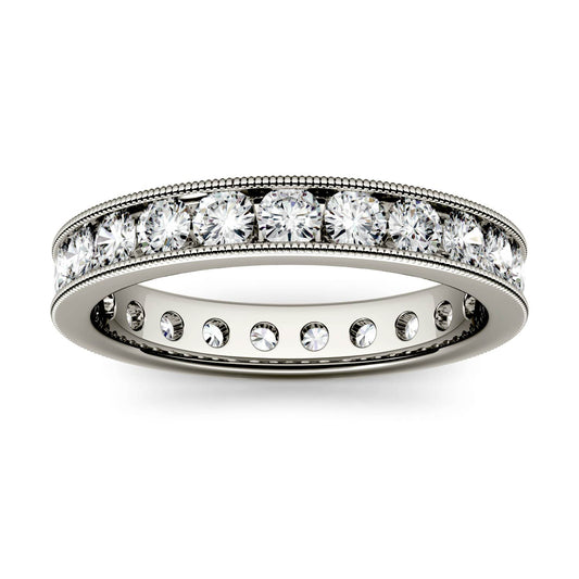 1.44 CTW DEW Round Forever One Moissanite Milgrain Channel Set Eternity Band in 14K White Gold