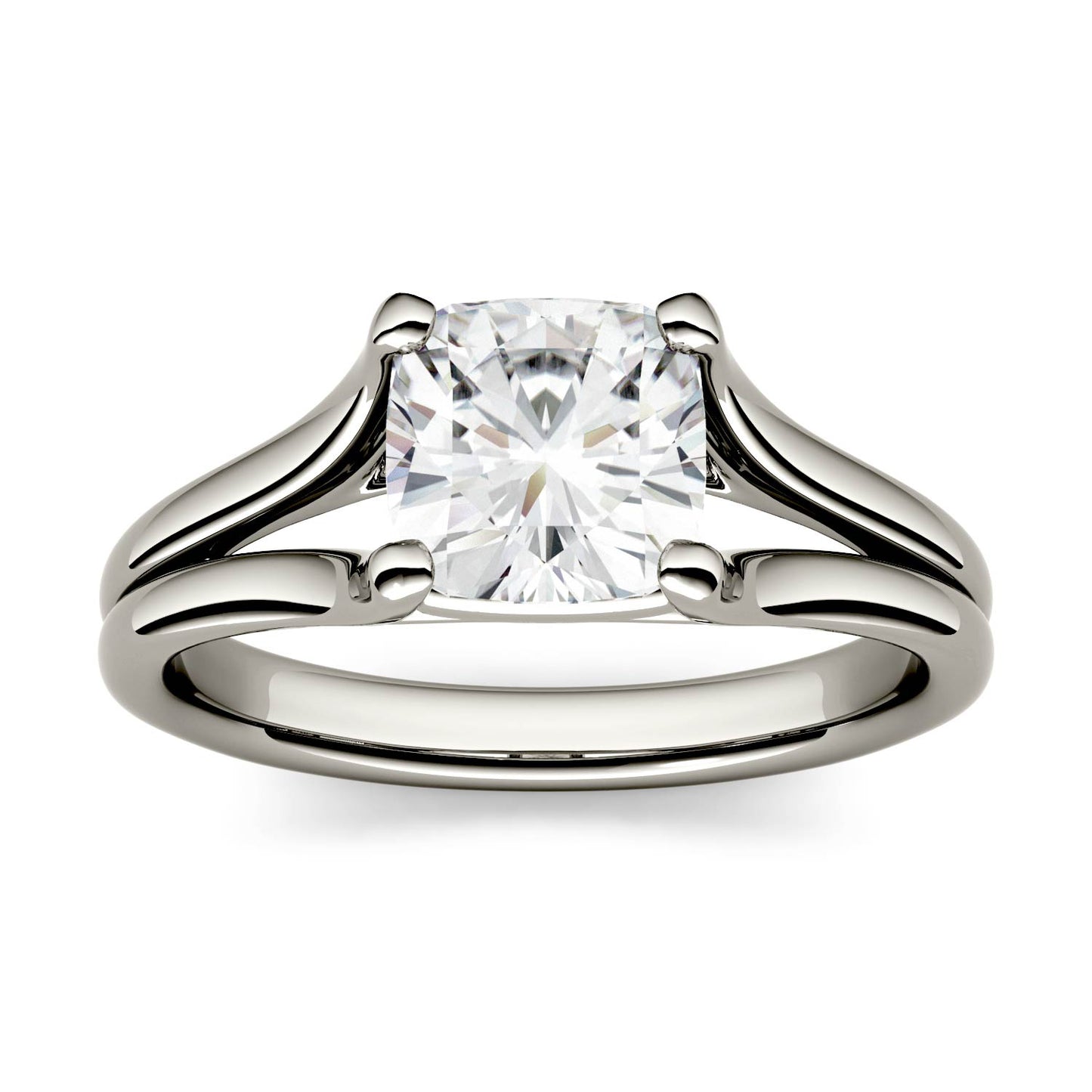 1.10 CTW DEW Cushion Forever One Moissanite Split Shank Solitaire Engagement Ring in 14K White Gold