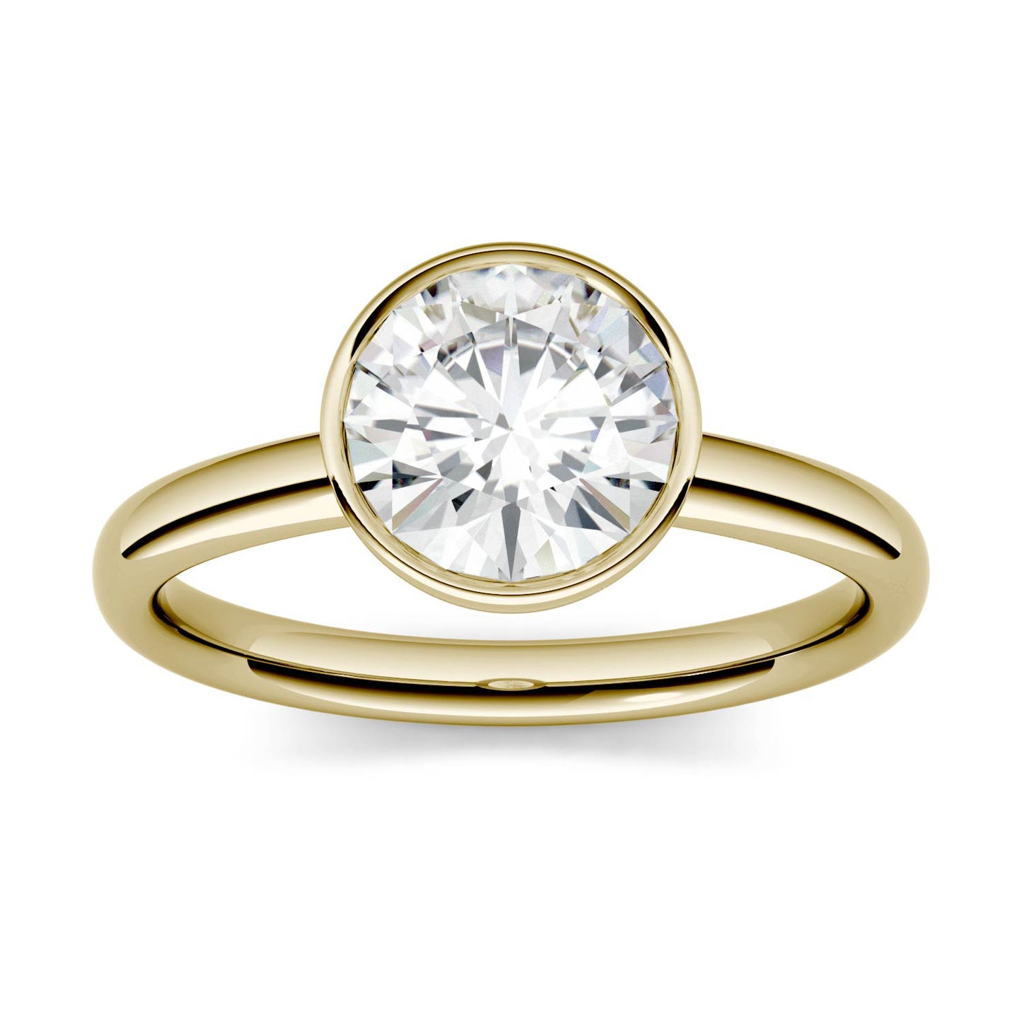 0.50 CTW DEW Round Forever One Moissanite Bezel Set Solitaire Engagement Ring in 14K Yellow Gold