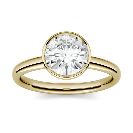 0.50 CTW DEW Round Forever One Moissanite Bezel Set Solitaire Engagement Ring in 14K Yellow Gold