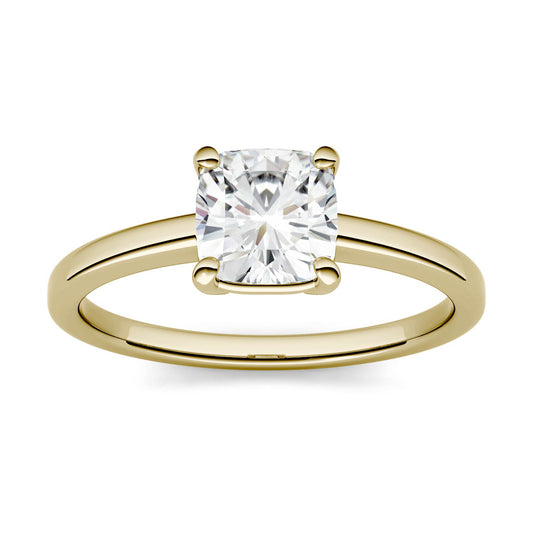 1.10 CTW DEW Cushion Forever One Moissanite Basket Solitaire Engagement Ring in 14K Yellow Gold