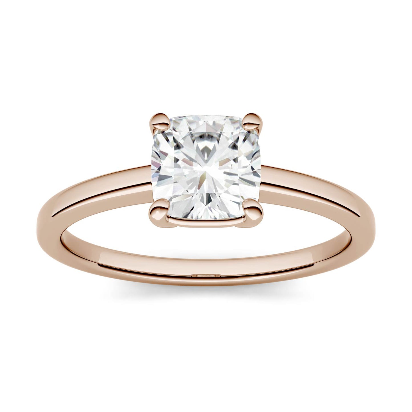 1.10 CTW DEW Cushion Forever One Moissanite Four Prong Solitaire Engagement Ring in 14K Rose Gold