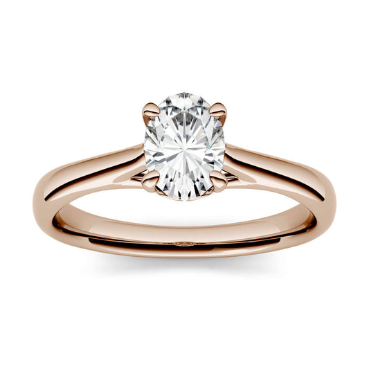 2.10 CTW DEW Oval Forever One Moissanite Four Prong Solitaire Engagement Ring in 14K Rose Gold