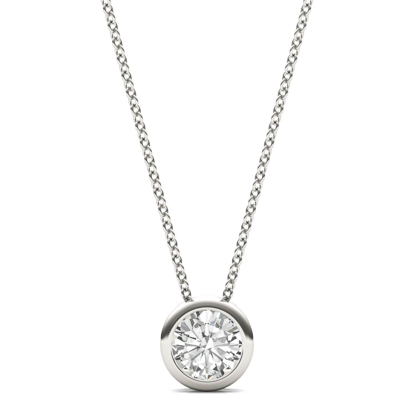 0.50 CTW DEW Round Forever One Moissanite Bezel Set Solitaire Pendant in 14K White Gold