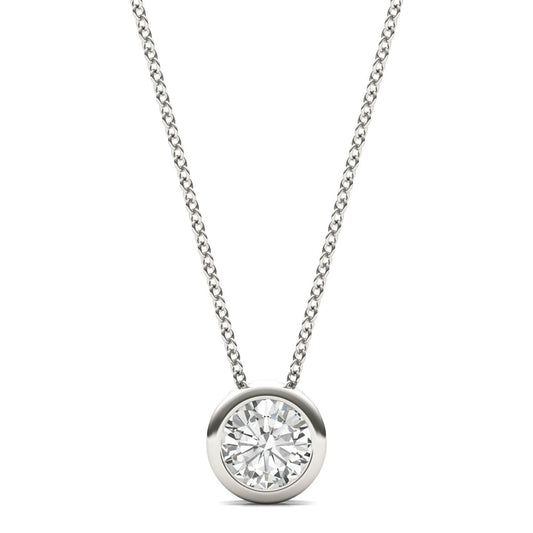 0.51 CTW DEW Round Forever One Moissanite Bezel Set Solitaire Pendant in Platinum