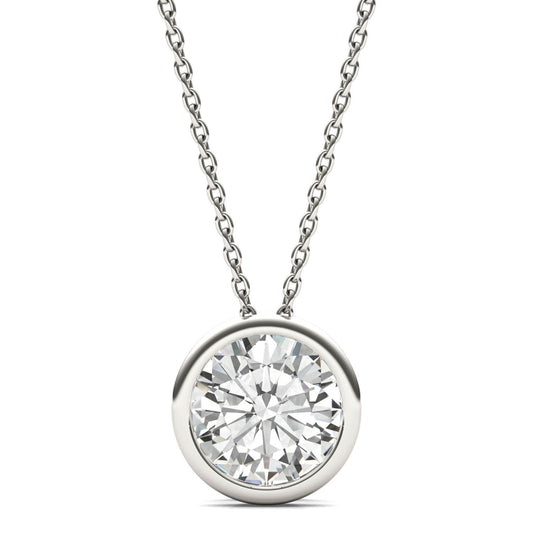1.90 CTW DEW Round Forever One Moissanite Bezel Set Solitaire Pendant in 14K White Gold