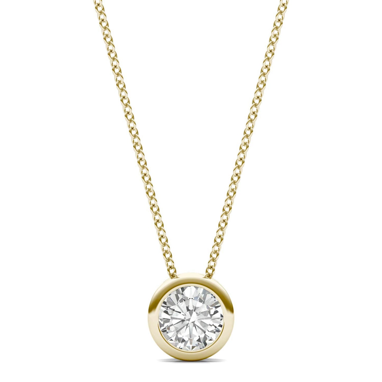 0.50 CTW DEW Round Forever One Moissanite Bezel Set Solitaire Pendant in 14K Yellow Gold