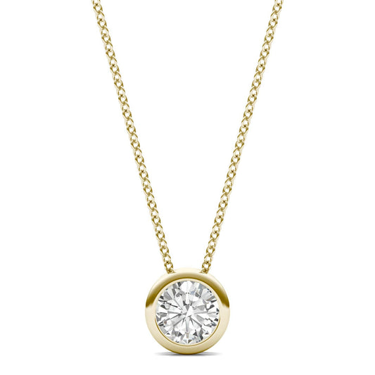 0.50 CTW DEW Round Forever One Moissanite Bezel Set Solitaire Pendant in 14K Yellow Gold