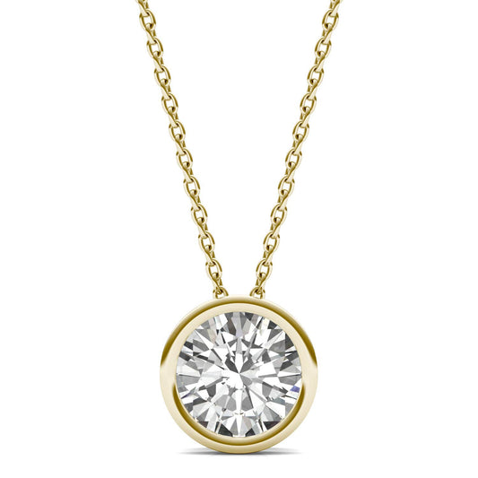 1.50 CTW DEW Round Forever One Moissanite Bezel Set Solitaire Pendant in 14K Yellow Gold