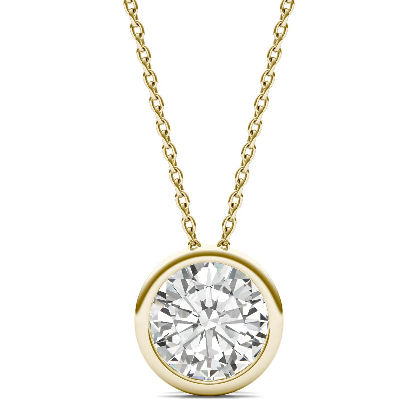 1.90 CTW DEW Round Forever One Moissanite Bezel Set Solitaire Pendant in 14K Yellow Gold