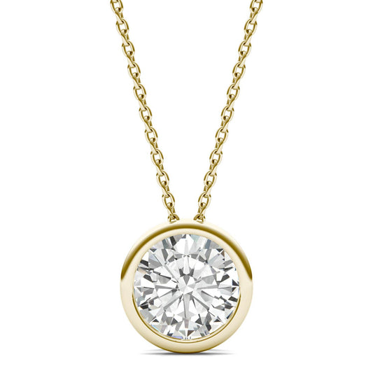 1.90 CTW DEW Round Forever One Moissanite Bezel Set Solitaire Pendant in 14K Yellow Gold