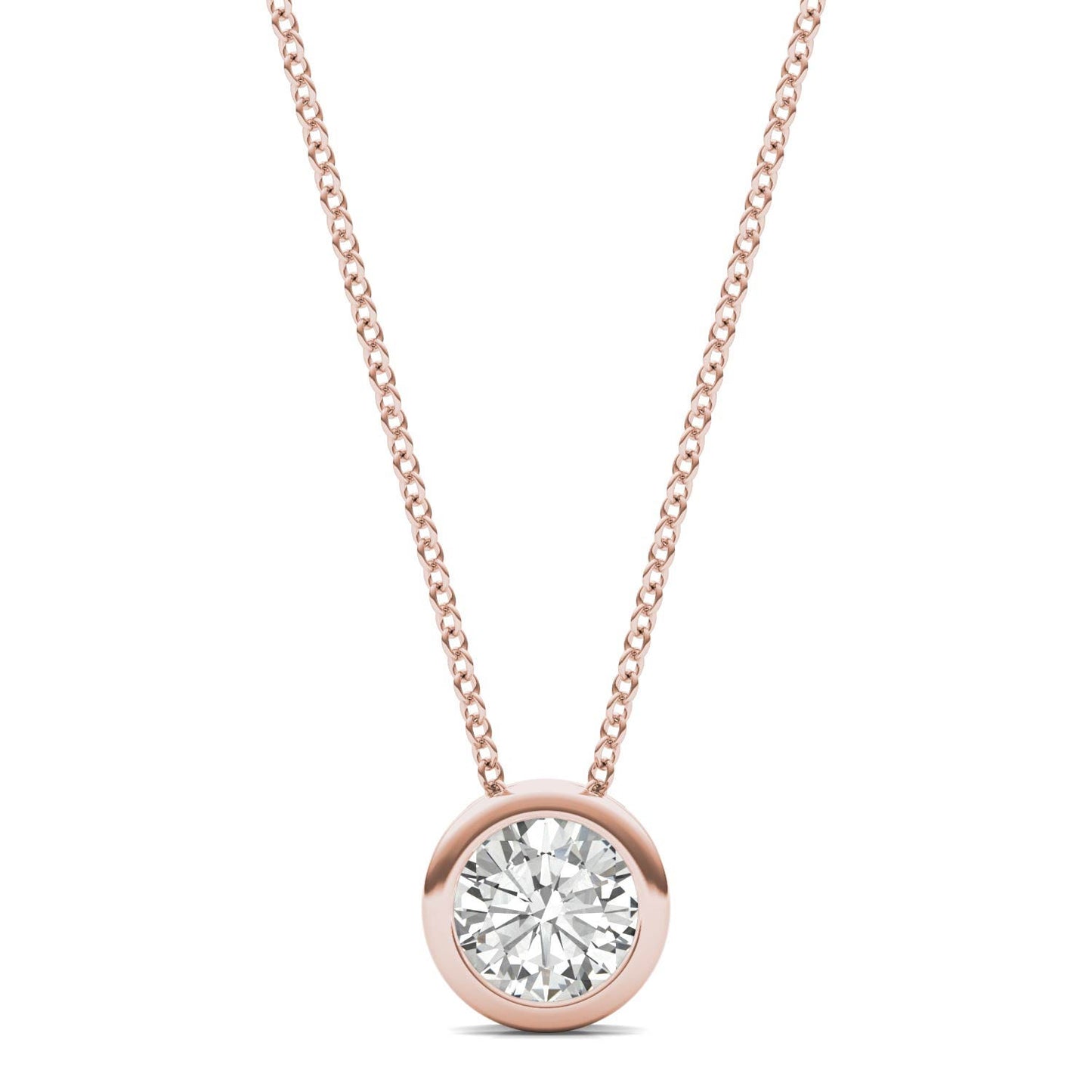 0.50 CTW DEW Round Forever One Moissanite Bezel Set Solitaire Pendant in 14K Rose Gold