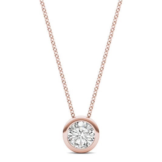 0.50 CTW DEW Round Forever One Moissanite Bezel Set Solitaire Pendant in 14K Rose Gold