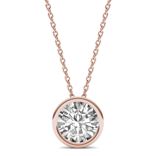 1.50 CTW DEW Round Forever One Moissanite Bezel Set Solitaire Pendant in 14K Rose Gold